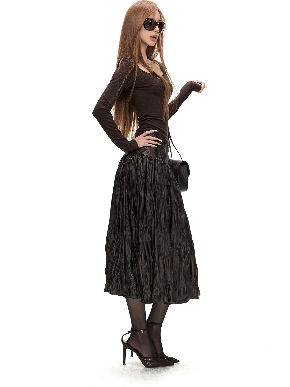 Fanptntox Glossy Textured Pleated High Waist A Line Women's Polyester Midi Skirts
