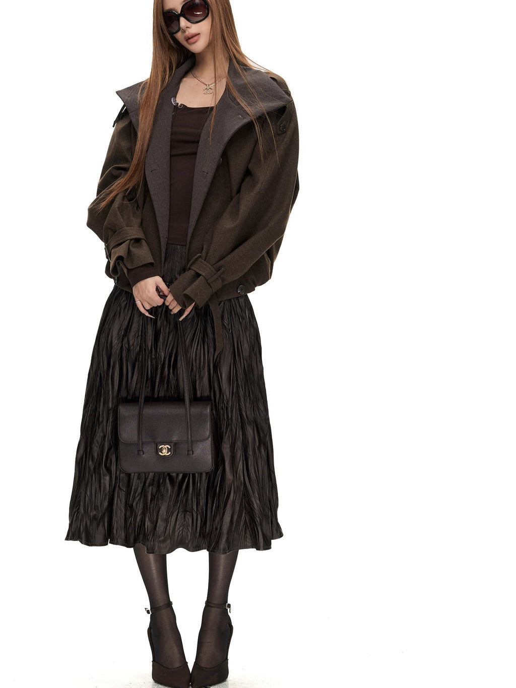 Fanptntox Glossy Textured Pleated High Waist A Line Women's Polyester Midi Skirts