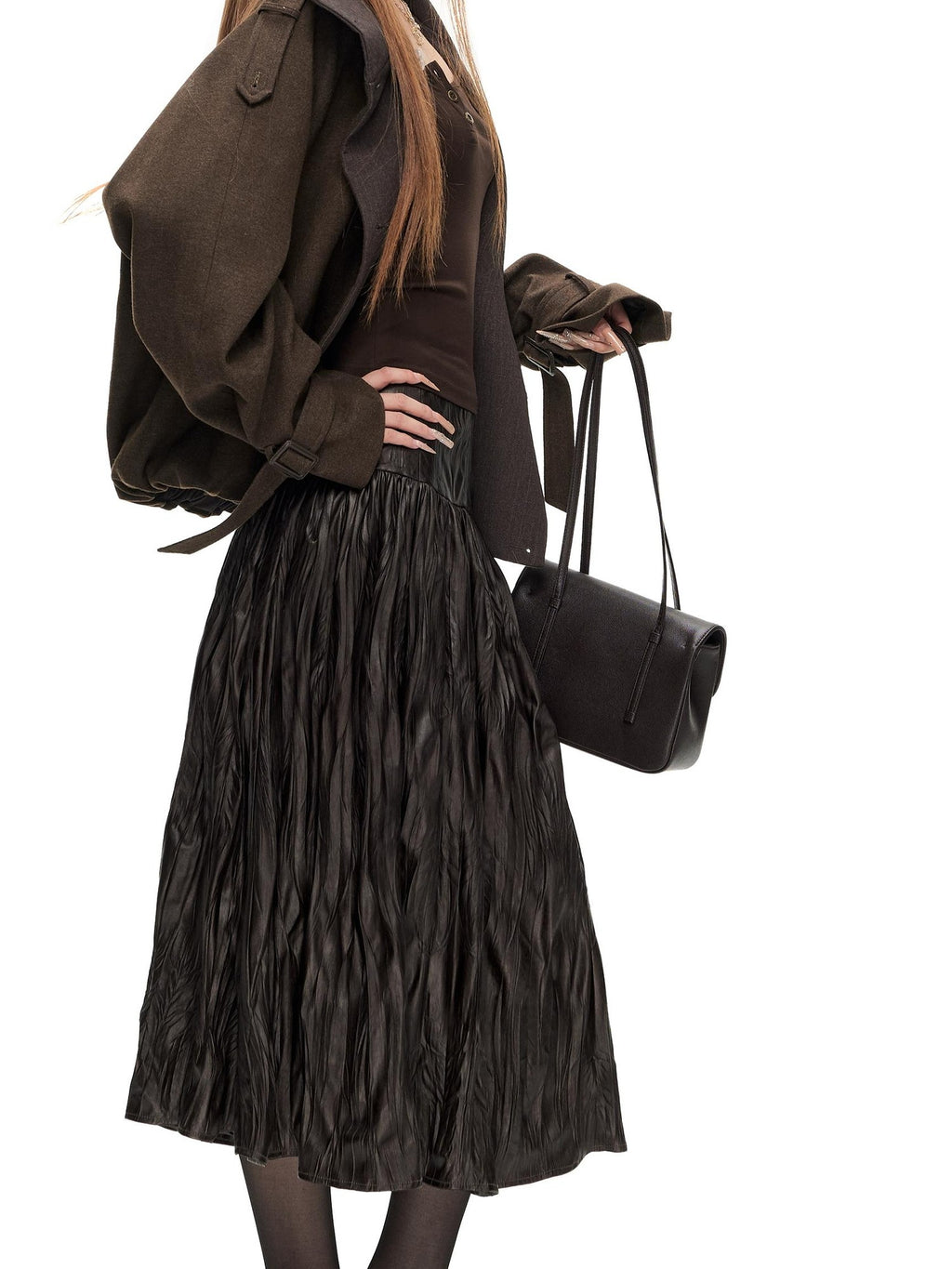 Fanptntox Glossy Textured Pleated High Waist A Line Women's Polyester Midi Skirts