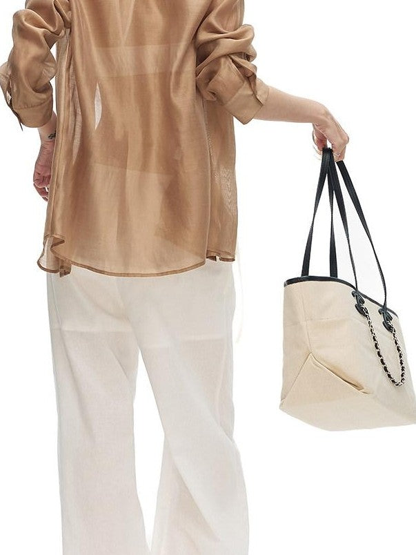 Fanptntox Gold Brown Sheer Turn Down Collar Loose Women's Lyocell Tie-front Shirts