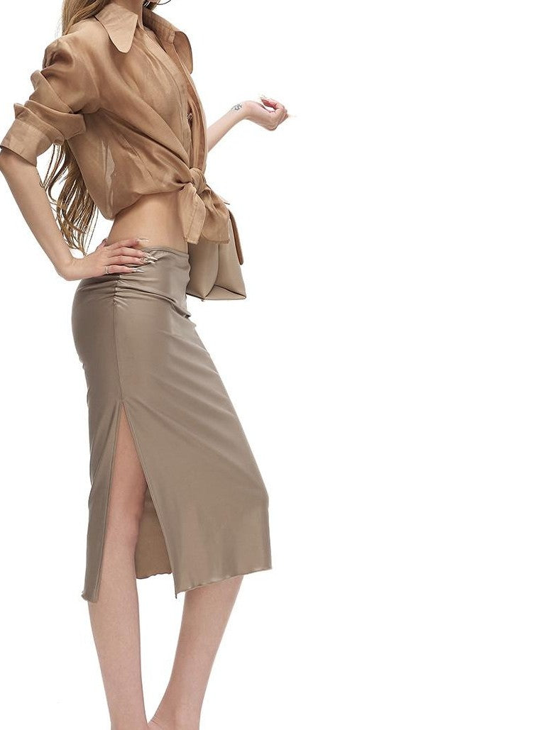 Fanptntox Gold Brown Sheer Turn Down Collar Loose Women's Lyocell Tie-front Shirts
