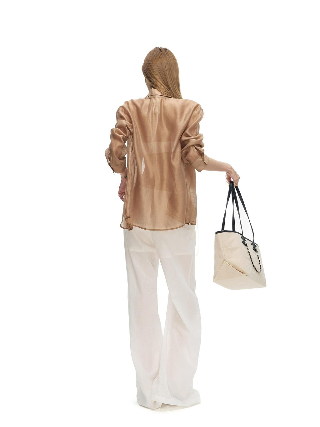 Fanptntox Gold Brown Sheer Turn Down Collar Loose Women's Lyocell Tie-front Shirts