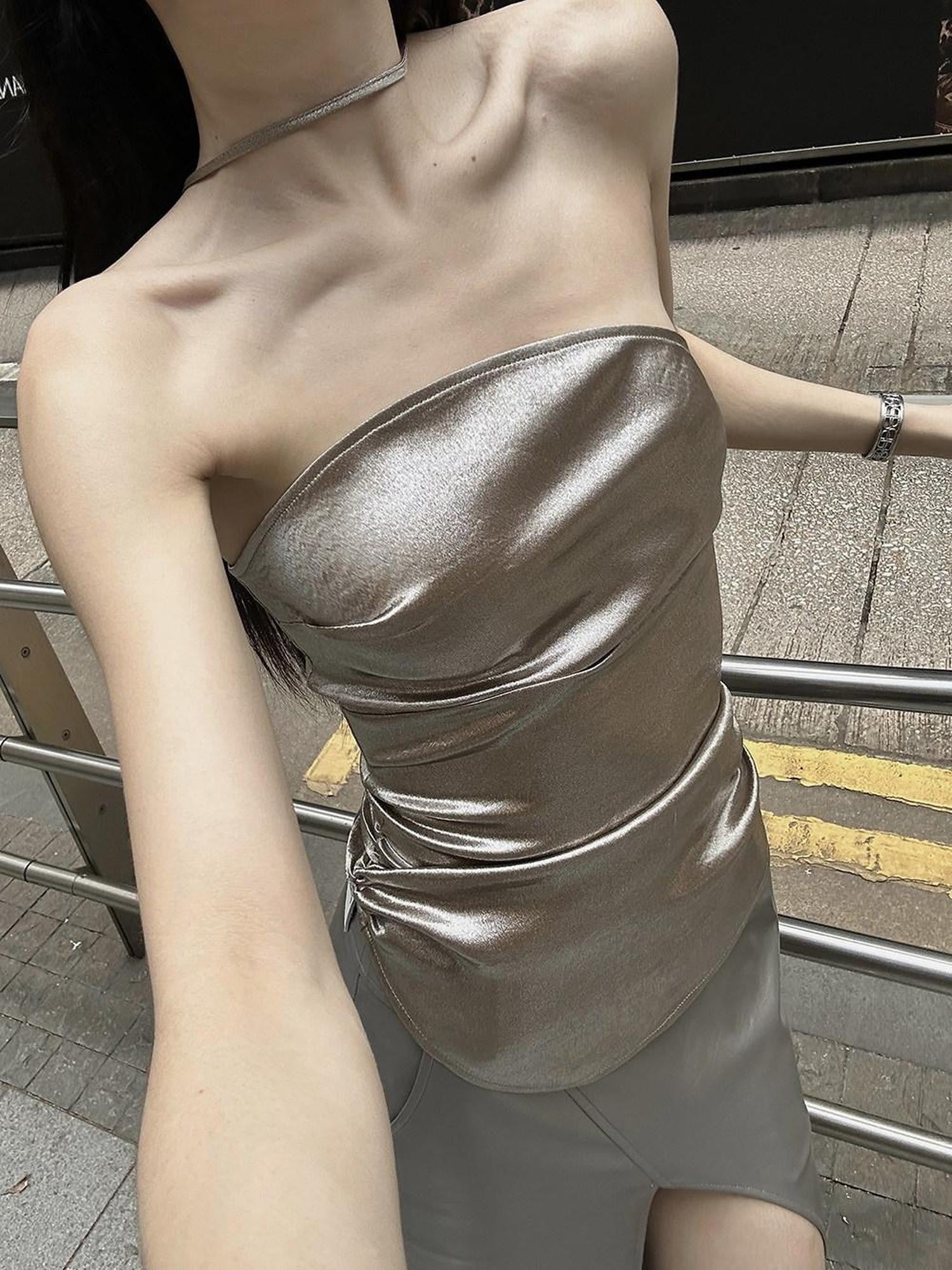 Fanptntox Gold Fitted Bandeau Sleeveless Urban Slim Women's Cotton Halter Tops