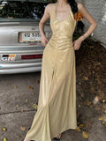 Fanptntox Gold Slit High Waist A Line Sleeveless Zipper Women's Halter Maxi Dresses