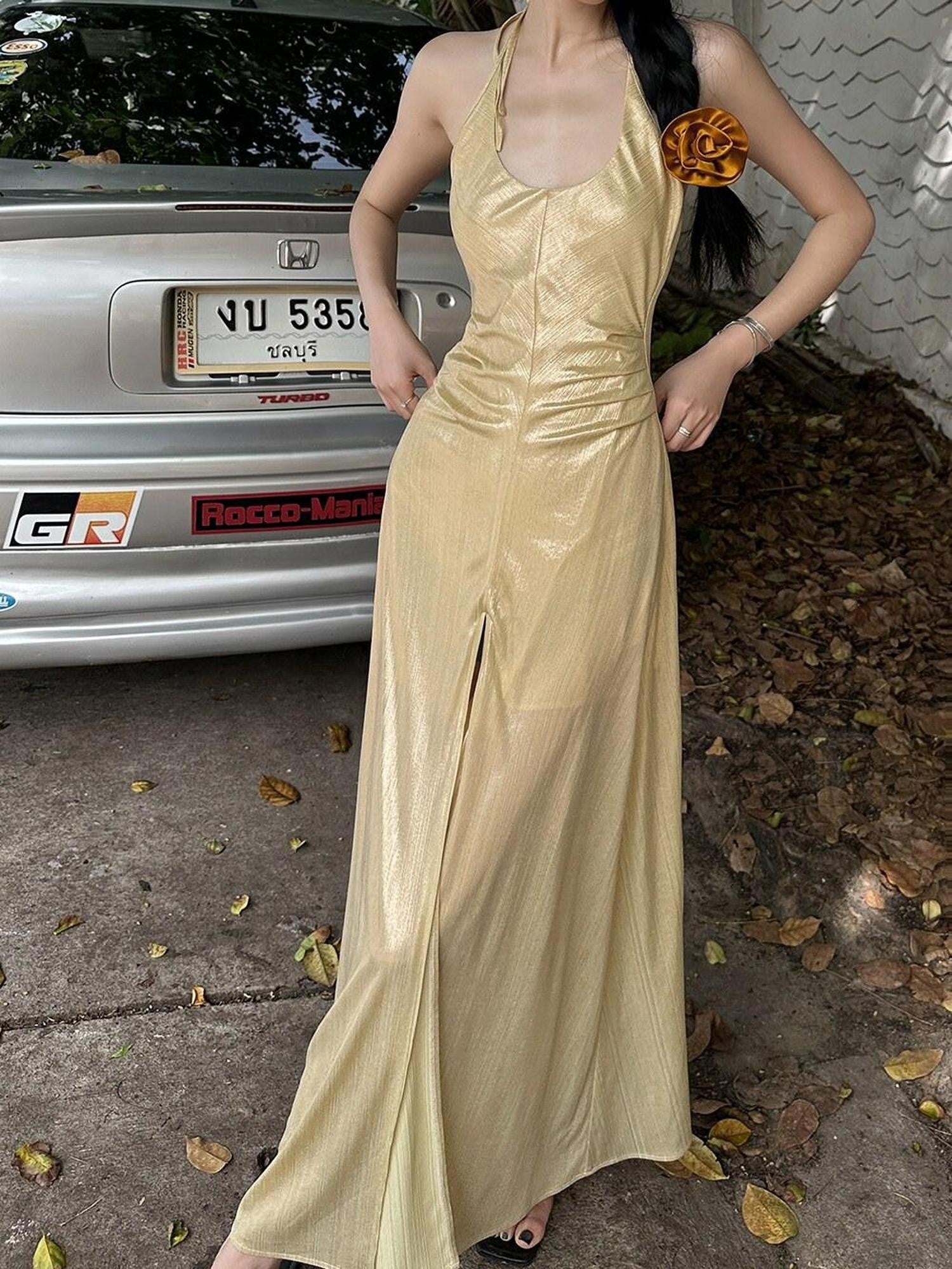 Fanptntox Gold Slit High Waist A Line Sleeveless Zipper Women's Halter Maxi Dresses