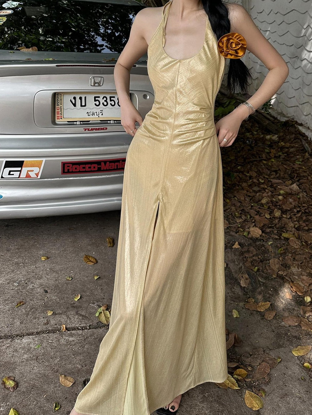 Fanptntox Gold Slit High Waist A Line Sleeveless Zipper Women's Halter Maxi Dresses