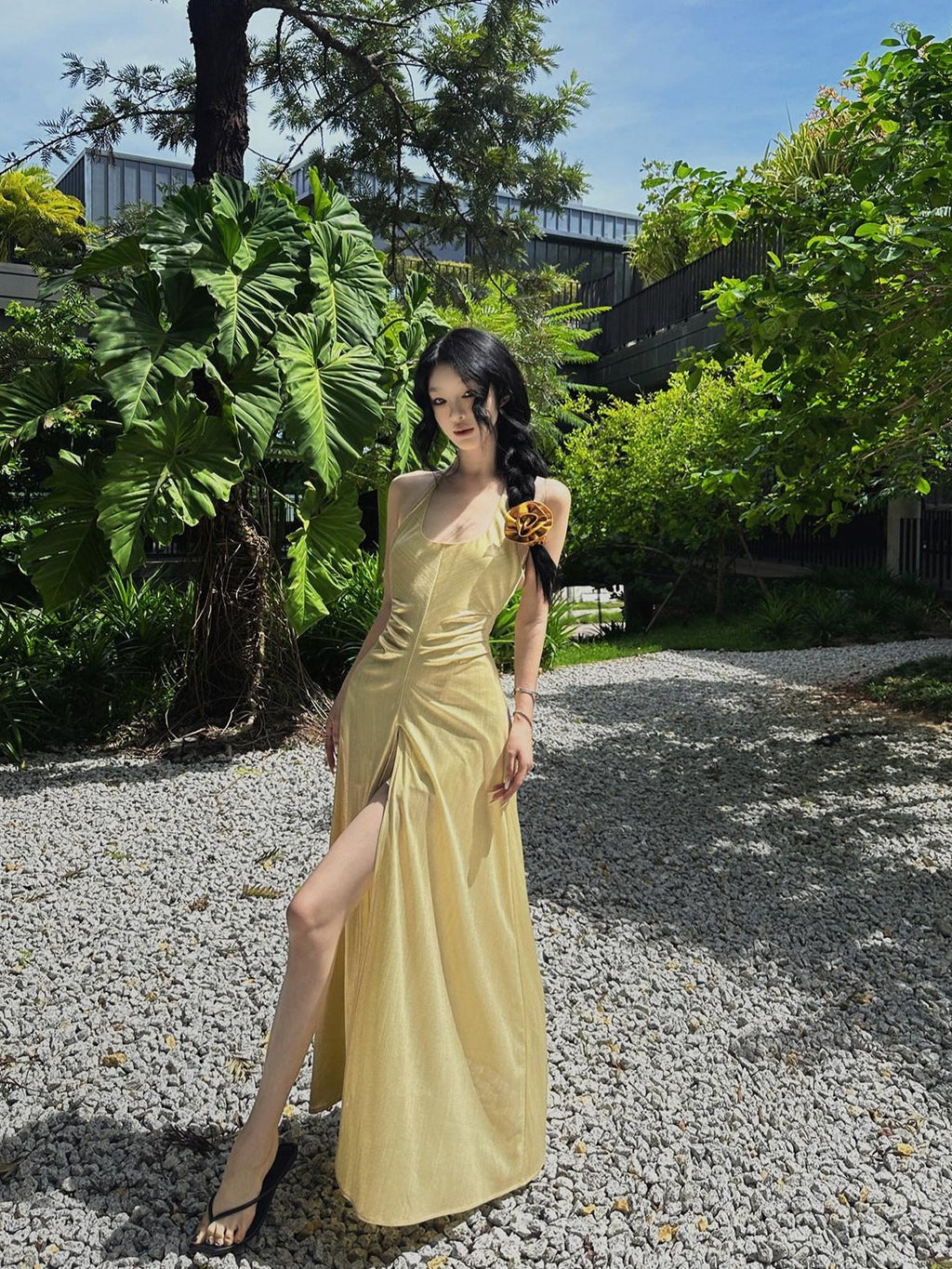 Fanptntox Gold Slit High Waist A Line Sleeveless Zipper Women's Halter Maxi Dresses