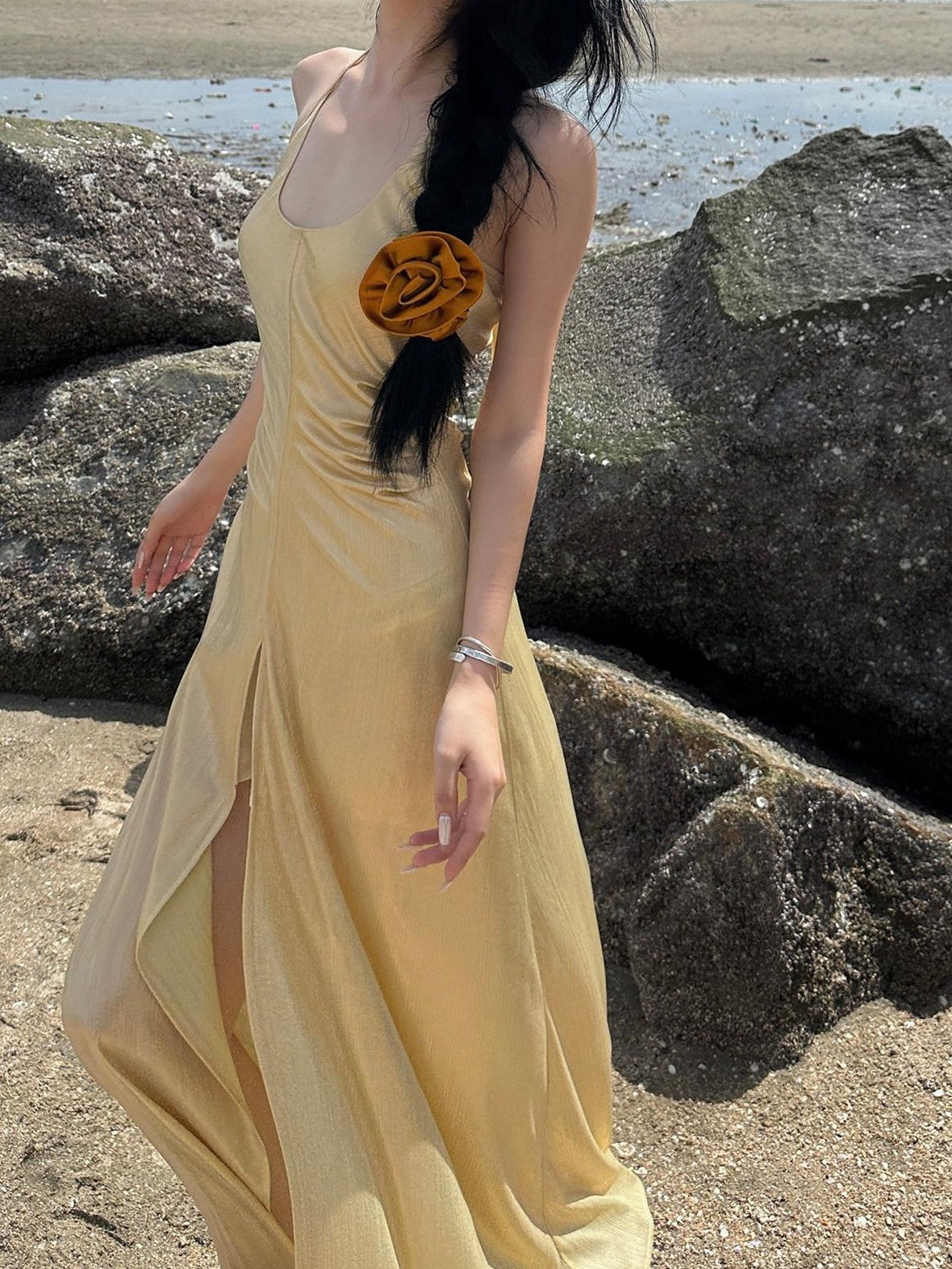 Fanptntox Gold Slit High Waist A Line Sleeveless Zipper Women's Halter Maxi Dresses