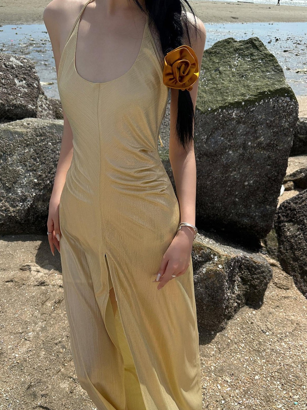 Fanptntox Gold Slit High Waist A Line Sleeveless Zipper Women's Halter Maxi Dresses