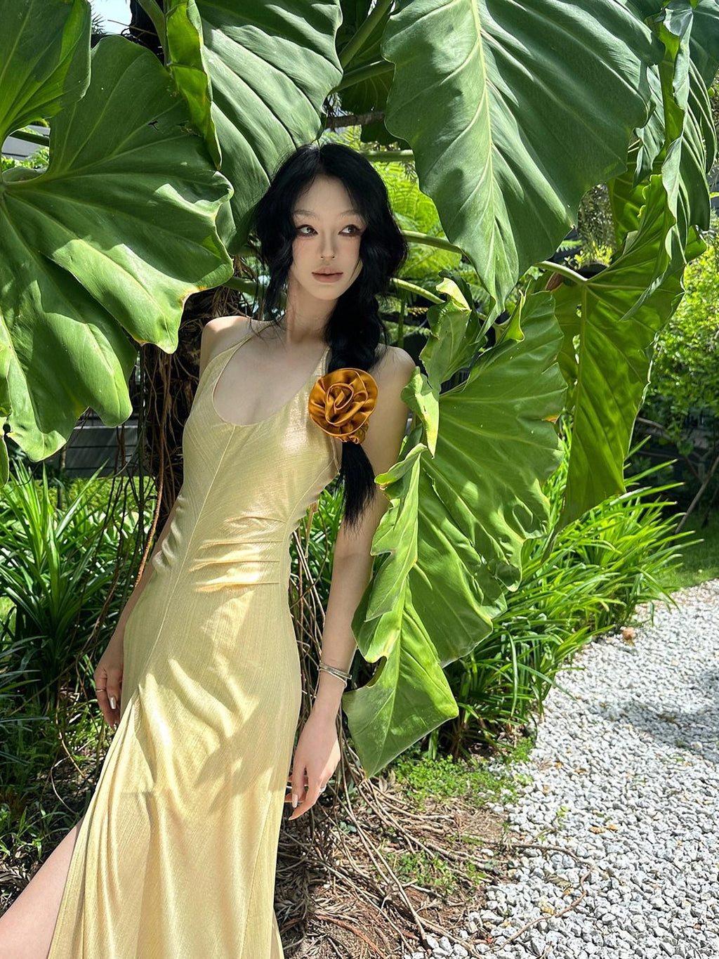 Fanptntox Gold Slit High Waist A Line Sleeveless Zipper Women's Halter Maxi Dresses