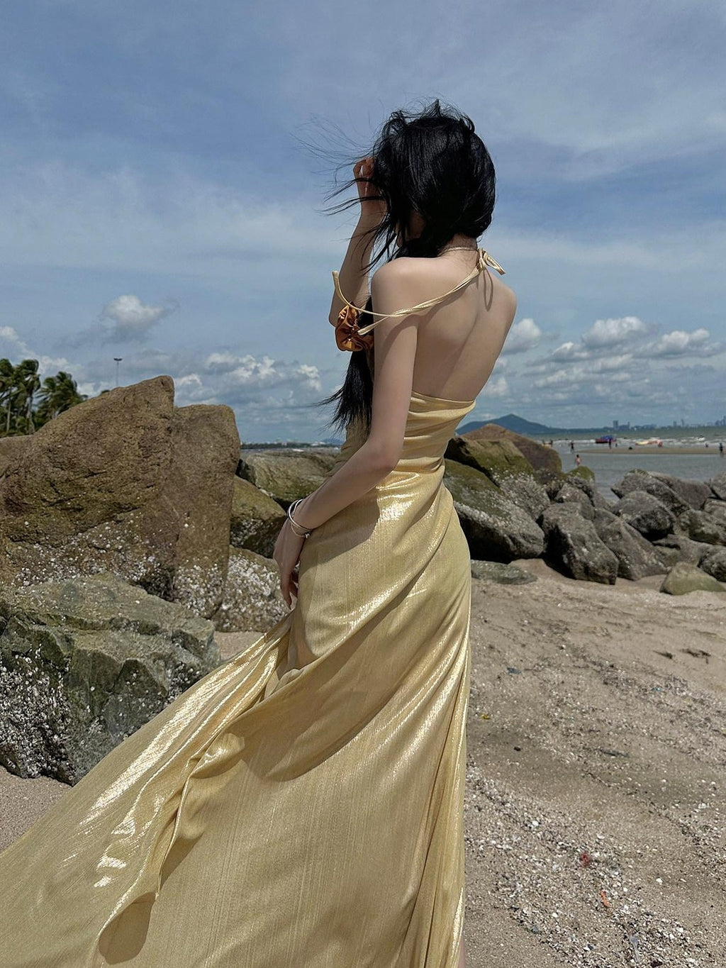 Fanptntox Gold Slit High Waist A Line Sleeveless Zipper Women's Halter Maxi Dresses
