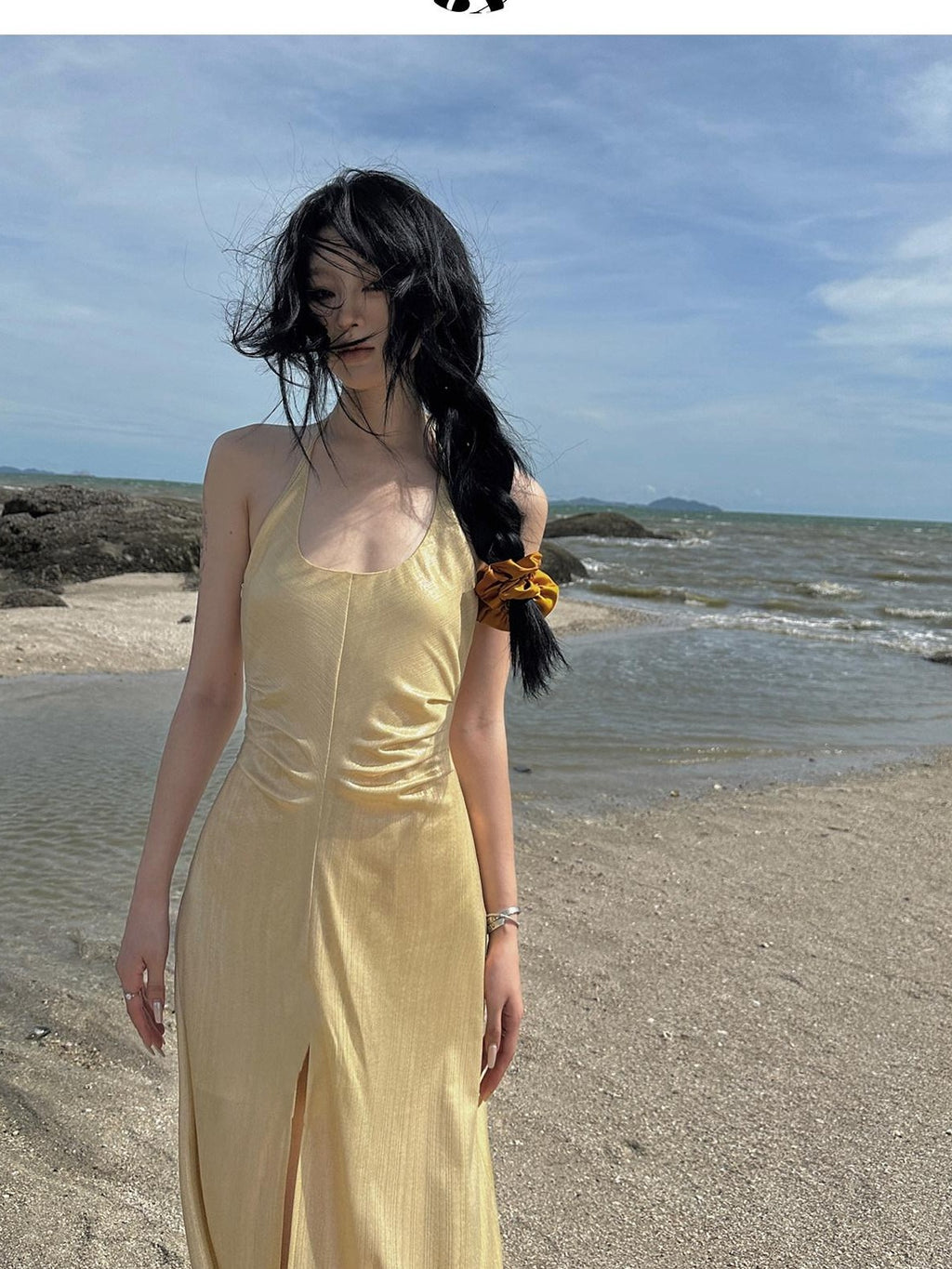 Fanptntox Gold Slit High Waist A Line Sleeveless Zipper Women's Halter Maxi Dresses