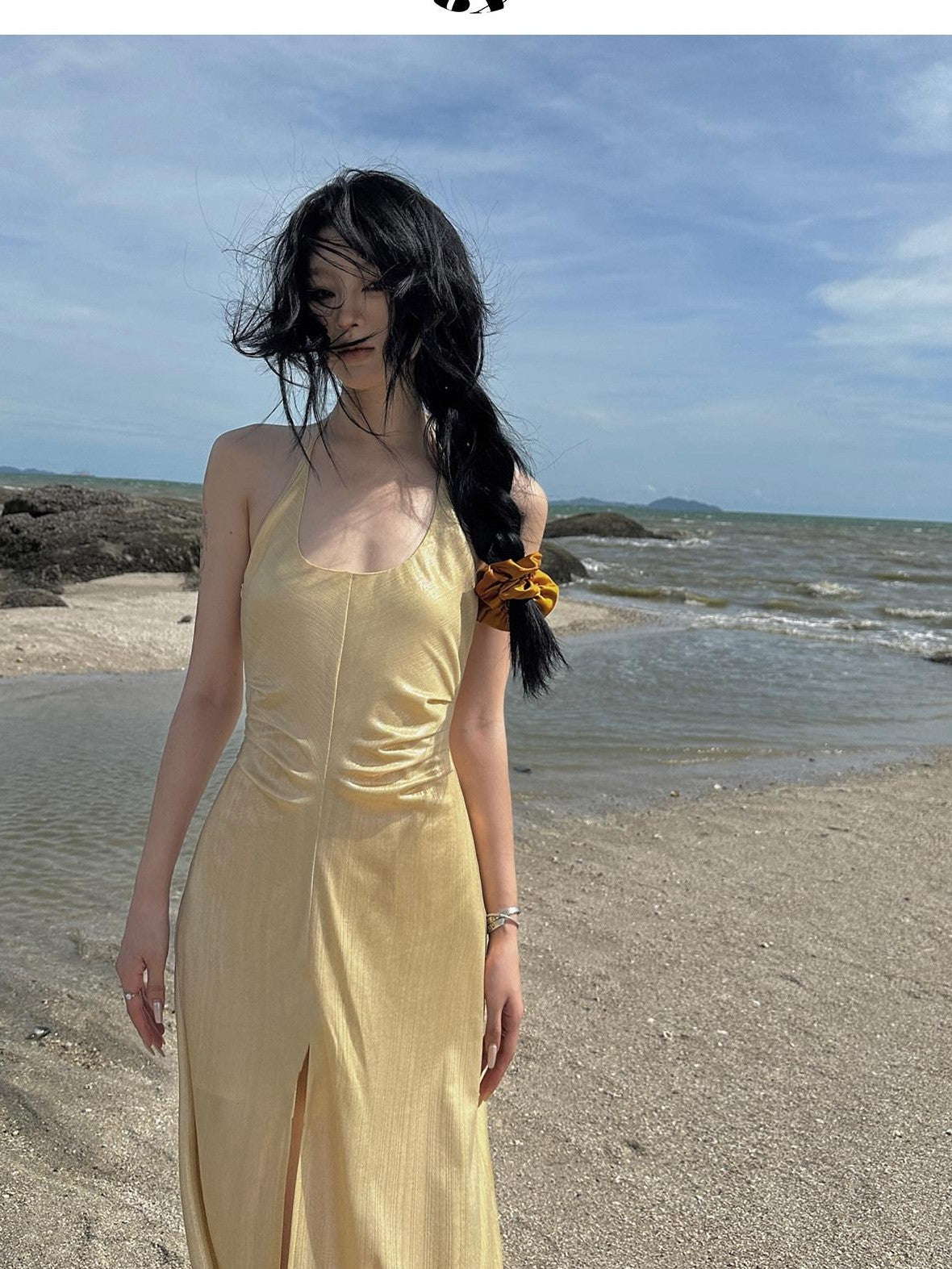 Fanptntox Gold Slit High Waist A Line Sleeveless Zipper Women's Halter Maxi Dresses