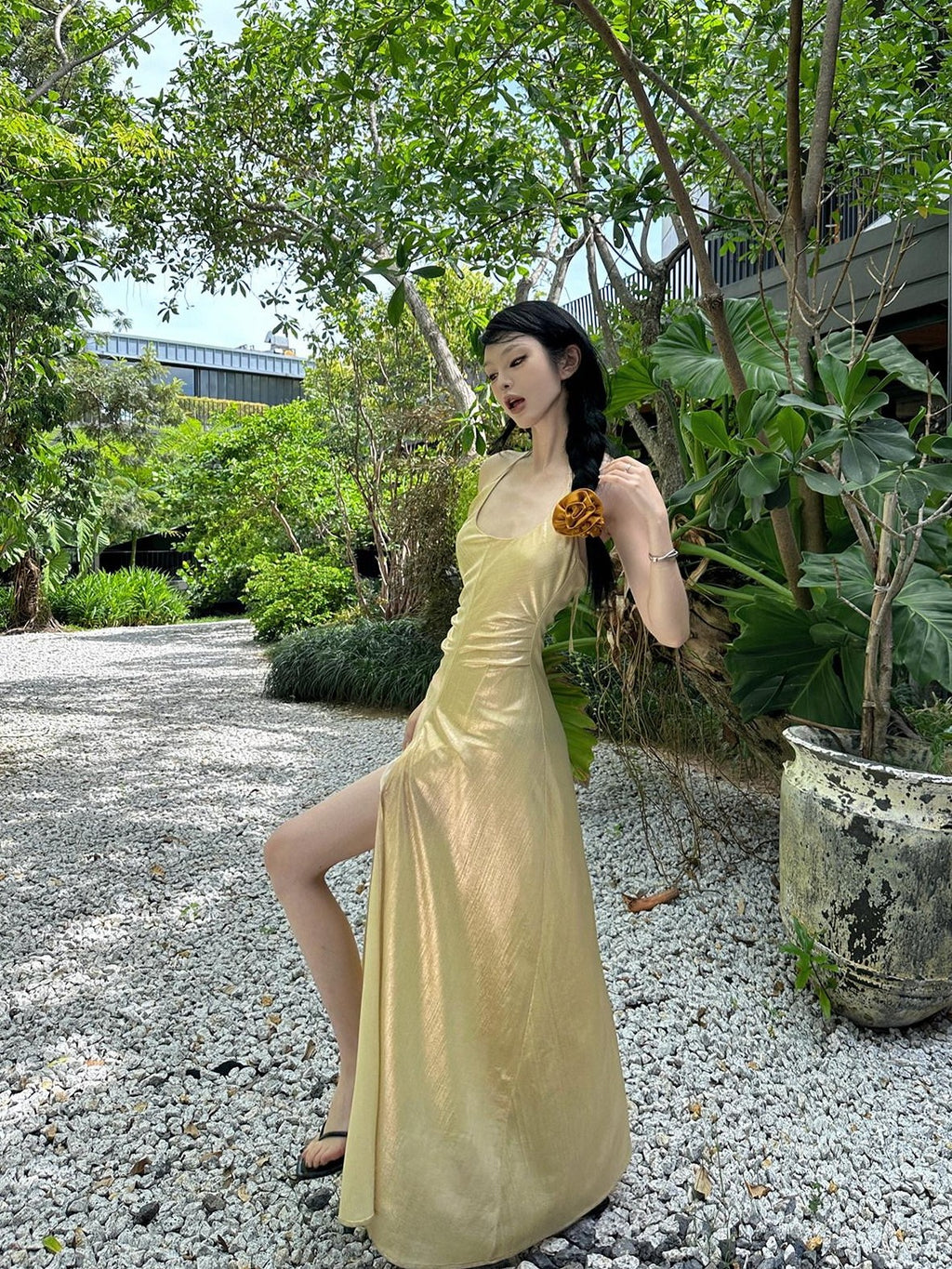Fanptntox Gold Slit High Waist A Line Sleeveless Zipper Women's Halter Maxi Dresses
