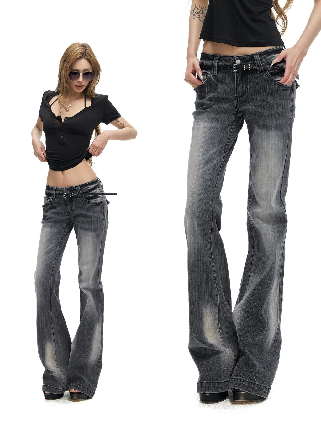 Fanptntox Gradient Gray Two Tone Low Waist Washed Slub Women's Denim Bootcut Pants