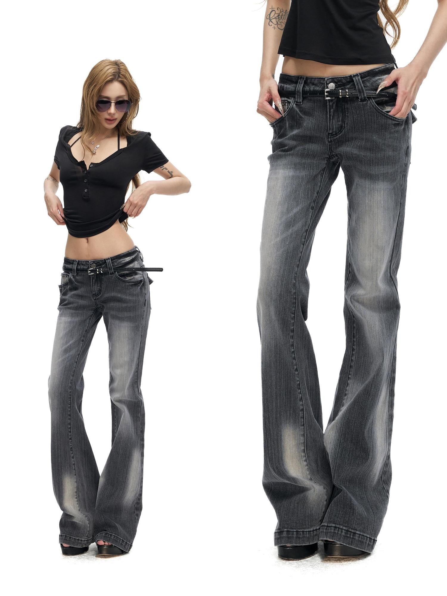Fanptntox Gradient Gray Two Tone Low Waist Washed Slub Women's Denim Bootcut Pants