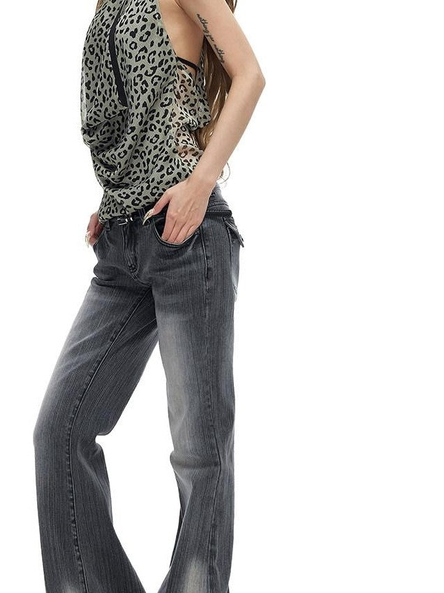 Fanptntox Gradient Gray Two Tone Low Waist Washed Slub Women's Denim Bootcut Pants