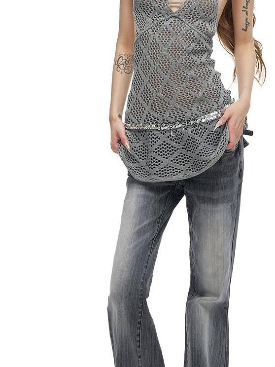 Fanptntox Gradient Gray Two Tone Low Waist Washed Slub Women's Denim Bootcut Pants
