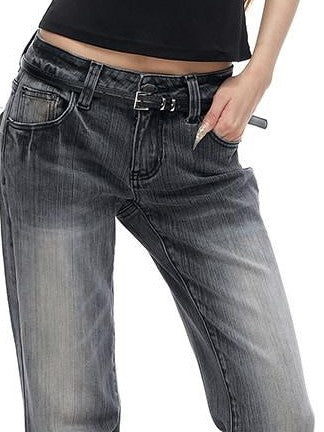 Fanptntox Gradient Gray Two Tone Low Waist Washed Slub Women's Denim Bootcut Pants