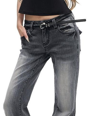 Fanptntox Gradient Gray Two Tone Low Waist Washed Slub Women's Denim Bootcut Pants