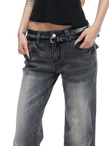 Fanptntox Gradient Gray Two Tone Low Waist Washed Slub Women's Denim Bootcut Pants