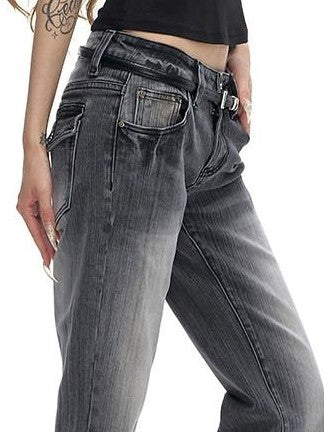 Fanptntox Gradient Gray Two Tone Low Waist Washed Slub Women's Denim Bootcut Pants