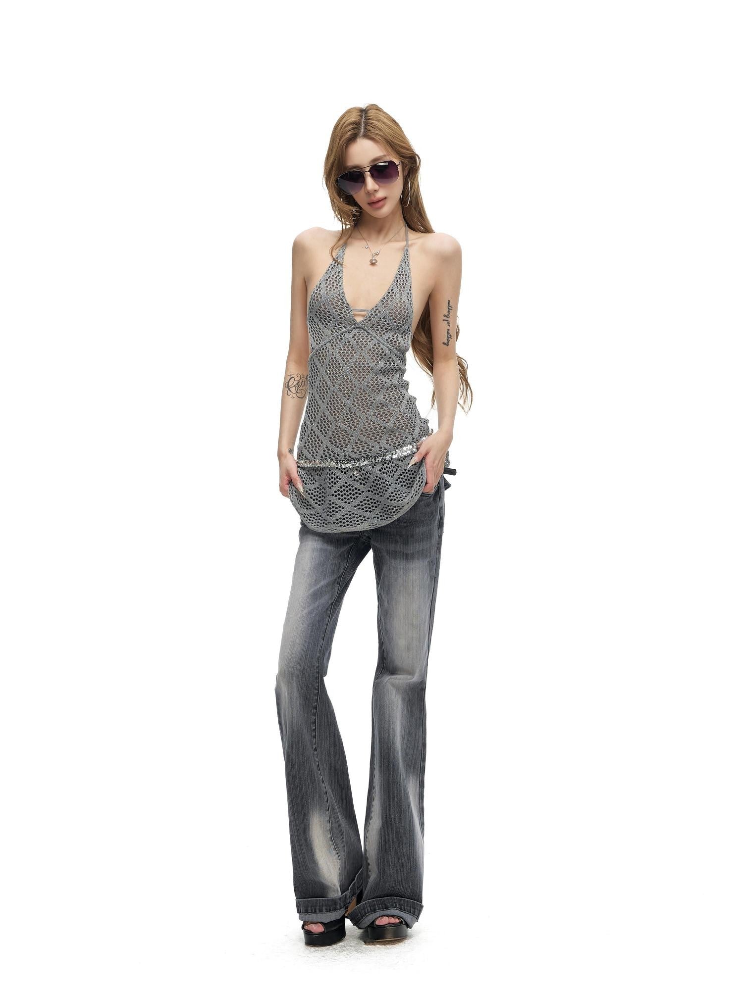 Fanptntox Gradient Gray Two Tone Low Waist Washed Slub Women's Denim Bootcut Pants