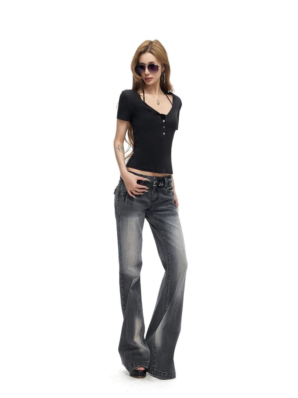 Fanptntox Gradient Gray Two Tone Low Waist Washed Slub Women's Denim Bootcut Pants