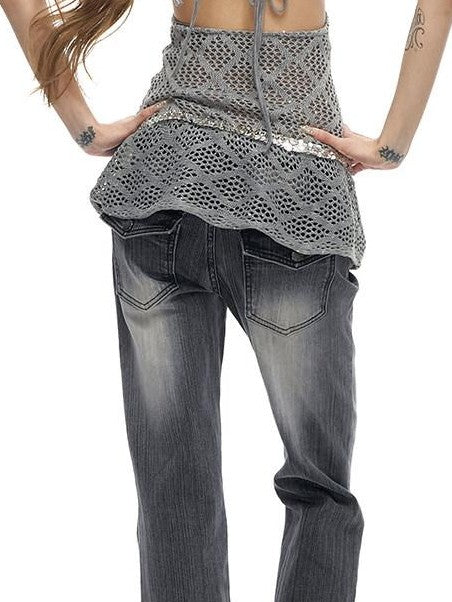 Fanptntox Gradient Gray Two Tone Low Waist Washed Slub Women's Denim Bootcut Pants