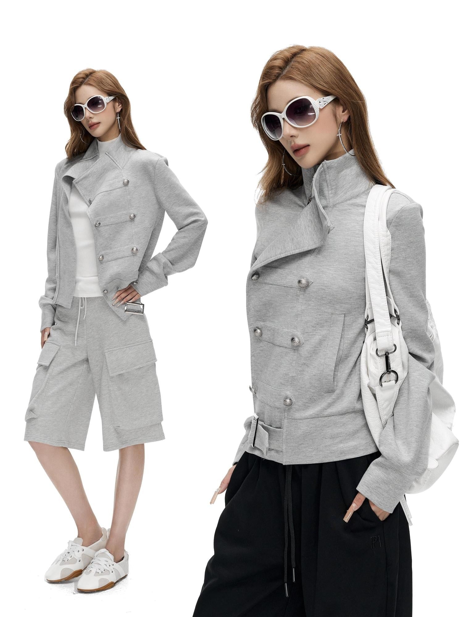 Fanptntox Gray Asymmetrical Placket Double Metal Buttons Women's Casual Jackets