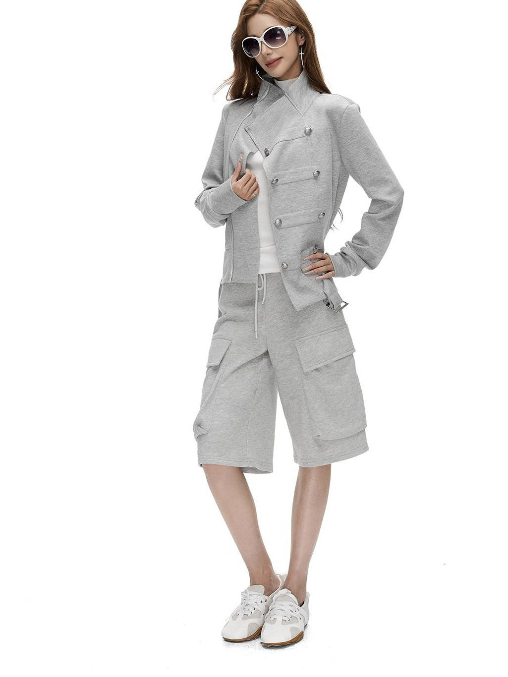 Fanptntox Gray Asymmetrical Placket Double Metal Buttons Women's Casual Jackets