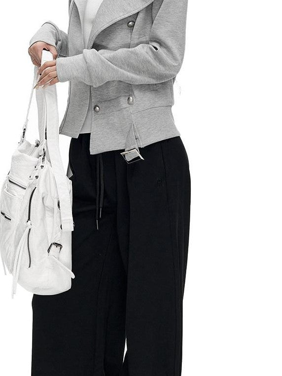 Fanptntox Gray Asymmetrical Placket Double Metal Buttons Women's Casual Jackets