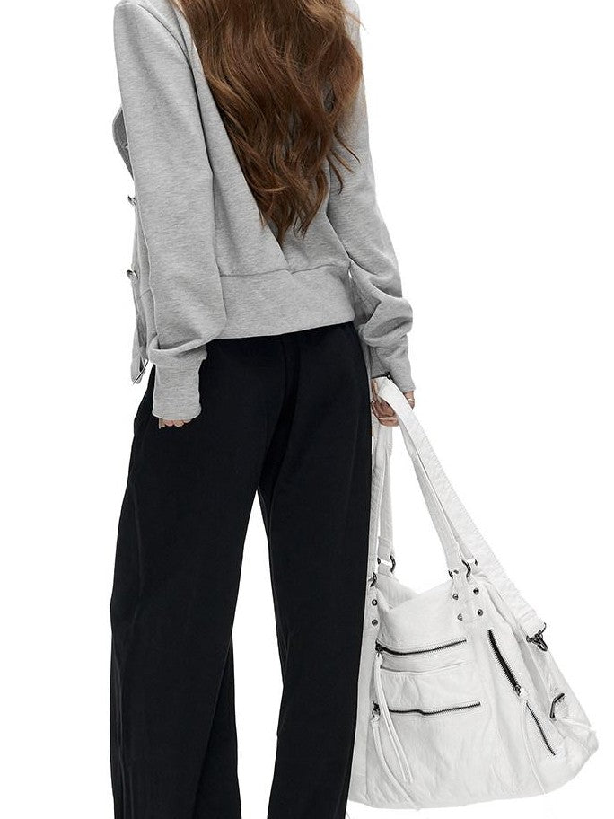 Fanptntox Gray Asymmetrical Placket Double Metal Buttons Women's Casual Jackets