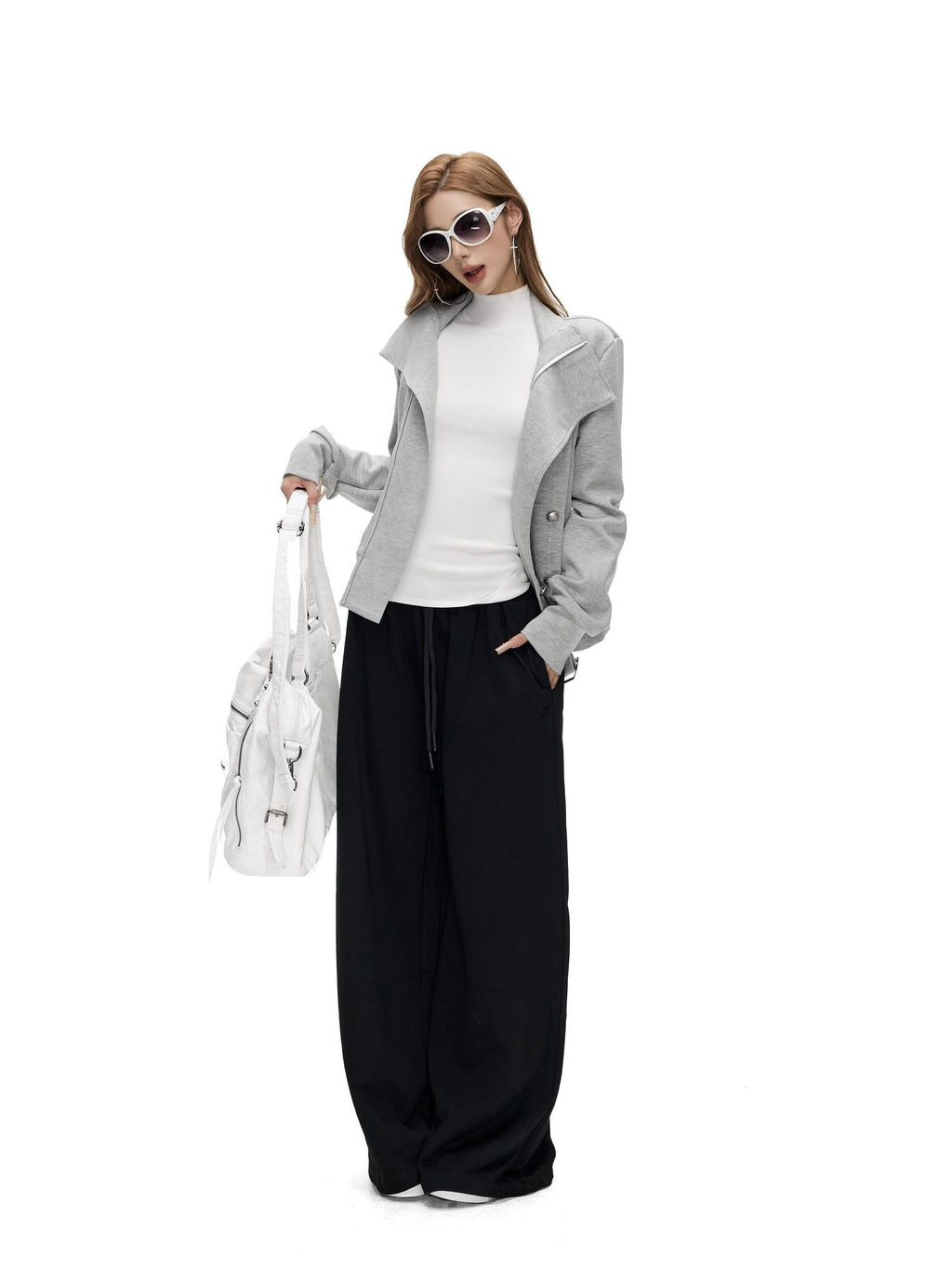Fanptntox Gray Asymmetrical Placket Double Metal Buttons Women's Casual Jackets