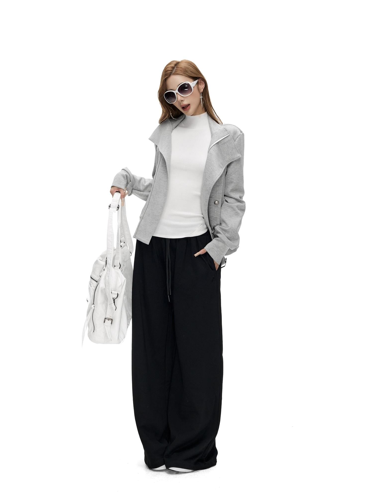 Fanptntox Gray Asymmetrical Placket Double Metal Buttons Women's Casual Jackets