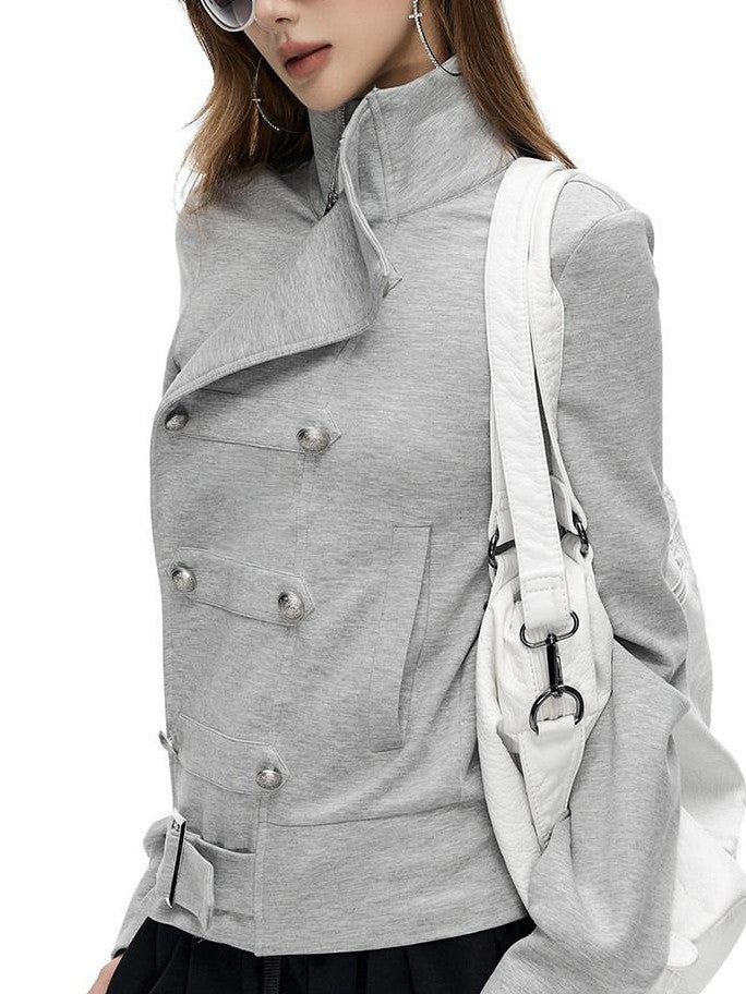 Fanptntox Gray Asymmetrical Placket Double Metal Buttons Women's Casual Jackets