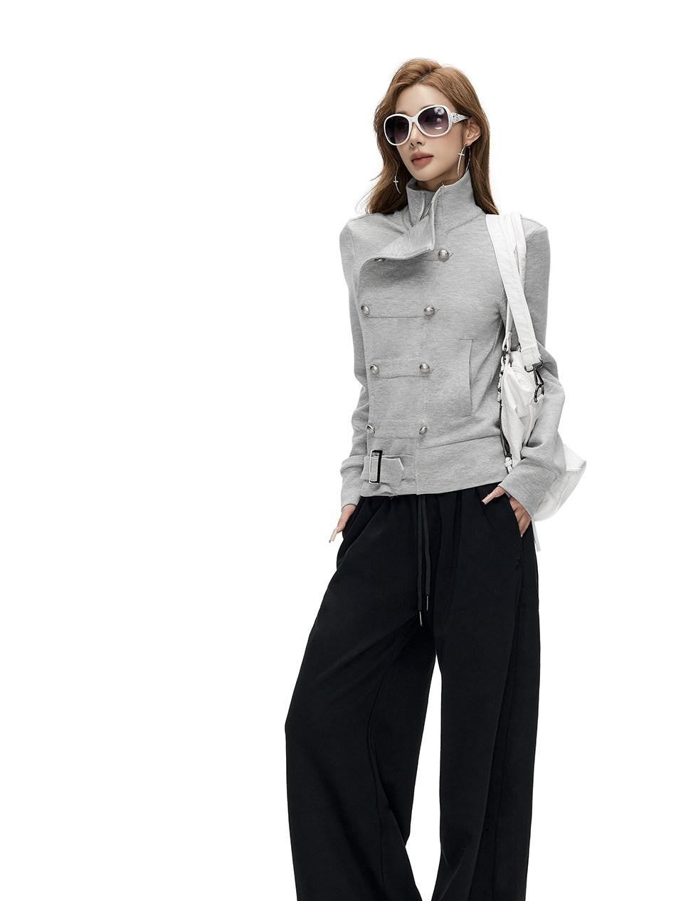 Fanptntox Gray Asymmetrical Placket Double Metal Buttons Women's Casual Jackets