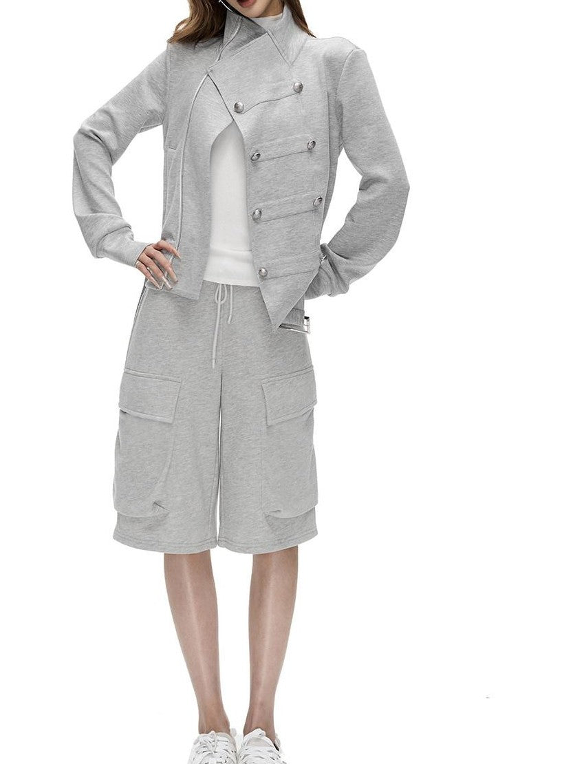 Fanptntox Gray Asymmetrical Placket Double Metal Buttons Women's Casual Jackets