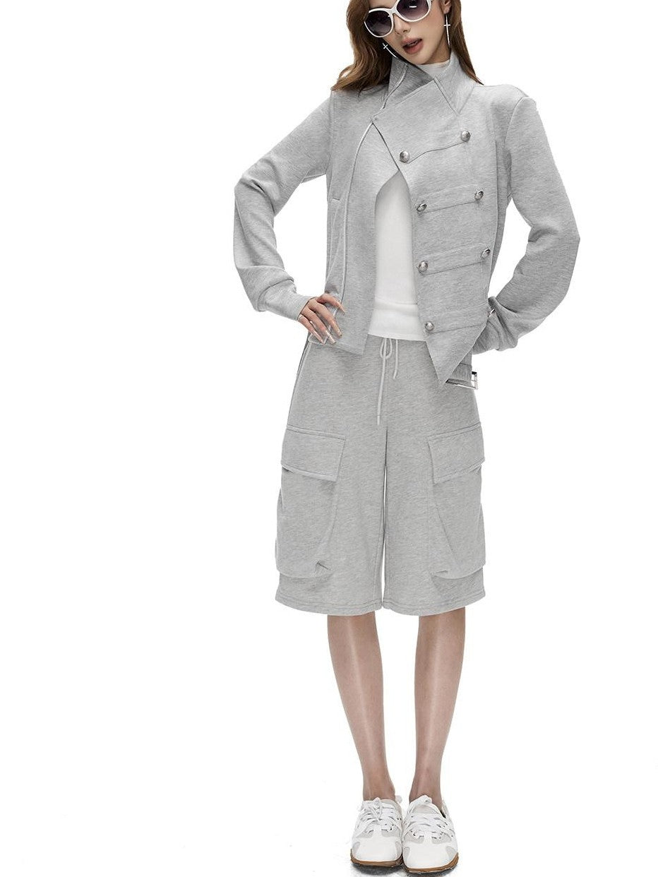 Fanptntox Gray Asymmetrical Placket Double Metal Buttons Women's Casual Jackets