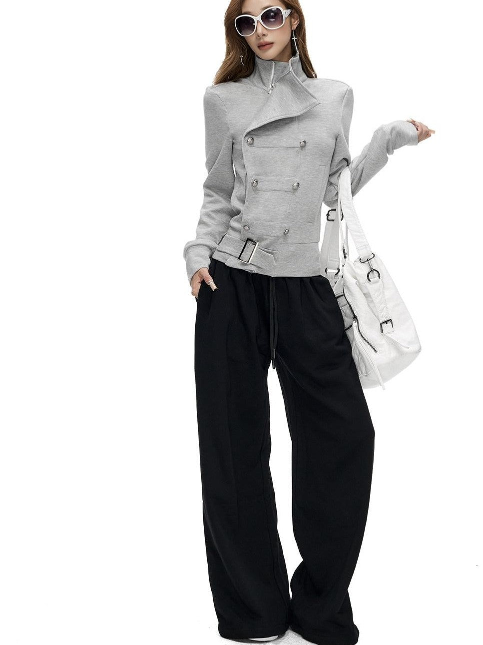 Fanptntox Gray Asymmetrical Placket Double Metal Buttons Women's Casual Jackets