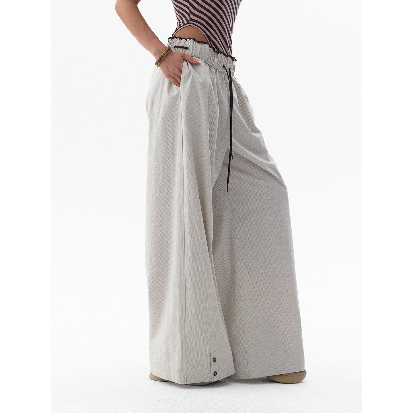 Fanptntox_Gray_Beige_Striped_Wood_Button_Ruffle_Waist_Women's_Cotton_Wide-leg_Pants_922333478127_MISSTT