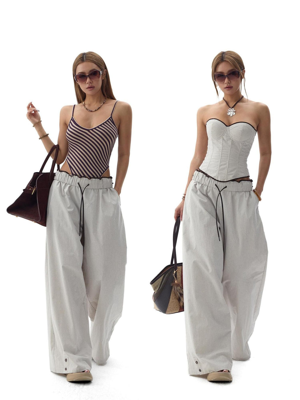 Fanptntox Gray Beige Striped Wood Button Ruffle Waist Women's Cotton Wide-leg Pants