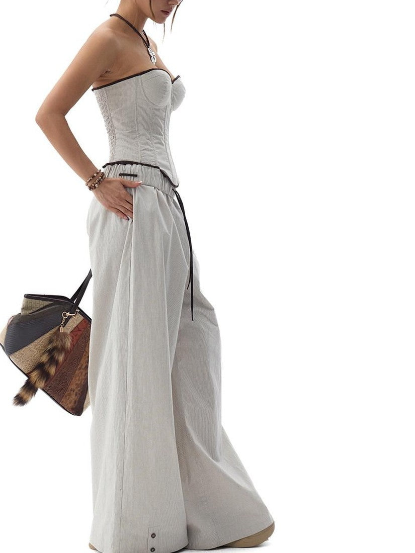 Fanptntox Gray Beige Striped Wood Button Ruffle Waist Women's Cotton Wide-leg Pants