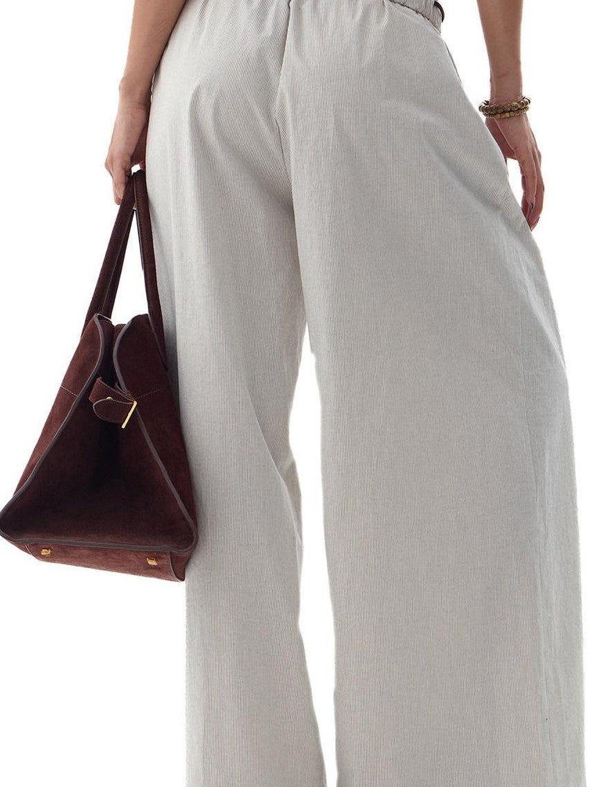 Fanptntox Gray Beige Striped Wood Button Ruffle Waist Women's Cotton Wide-leg Pants