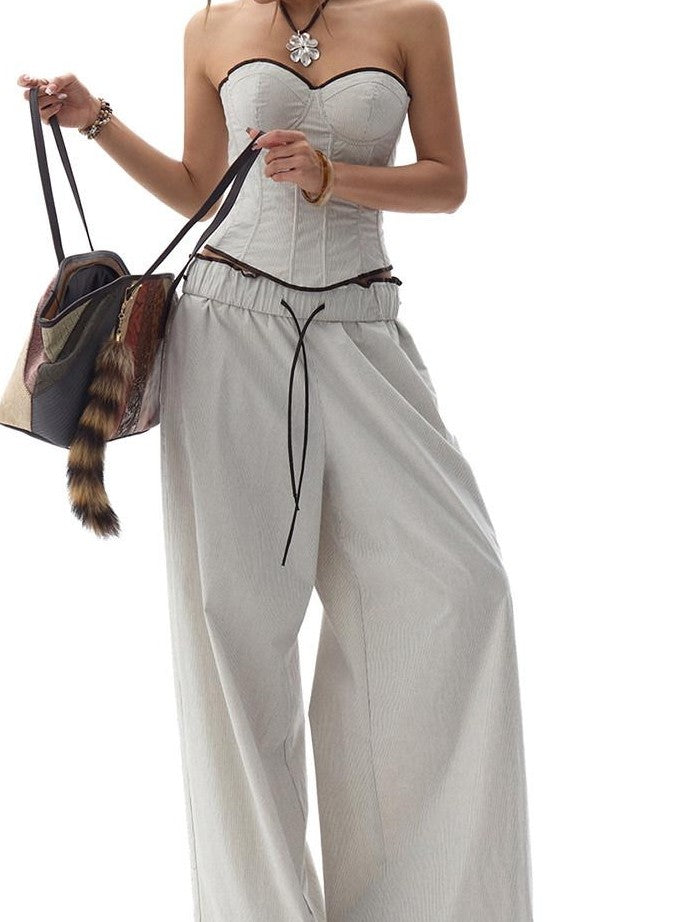 Fanptntox Gray Beige Striped Wood Button Ruffle Waist Women's Cotton Wide-leg Pants