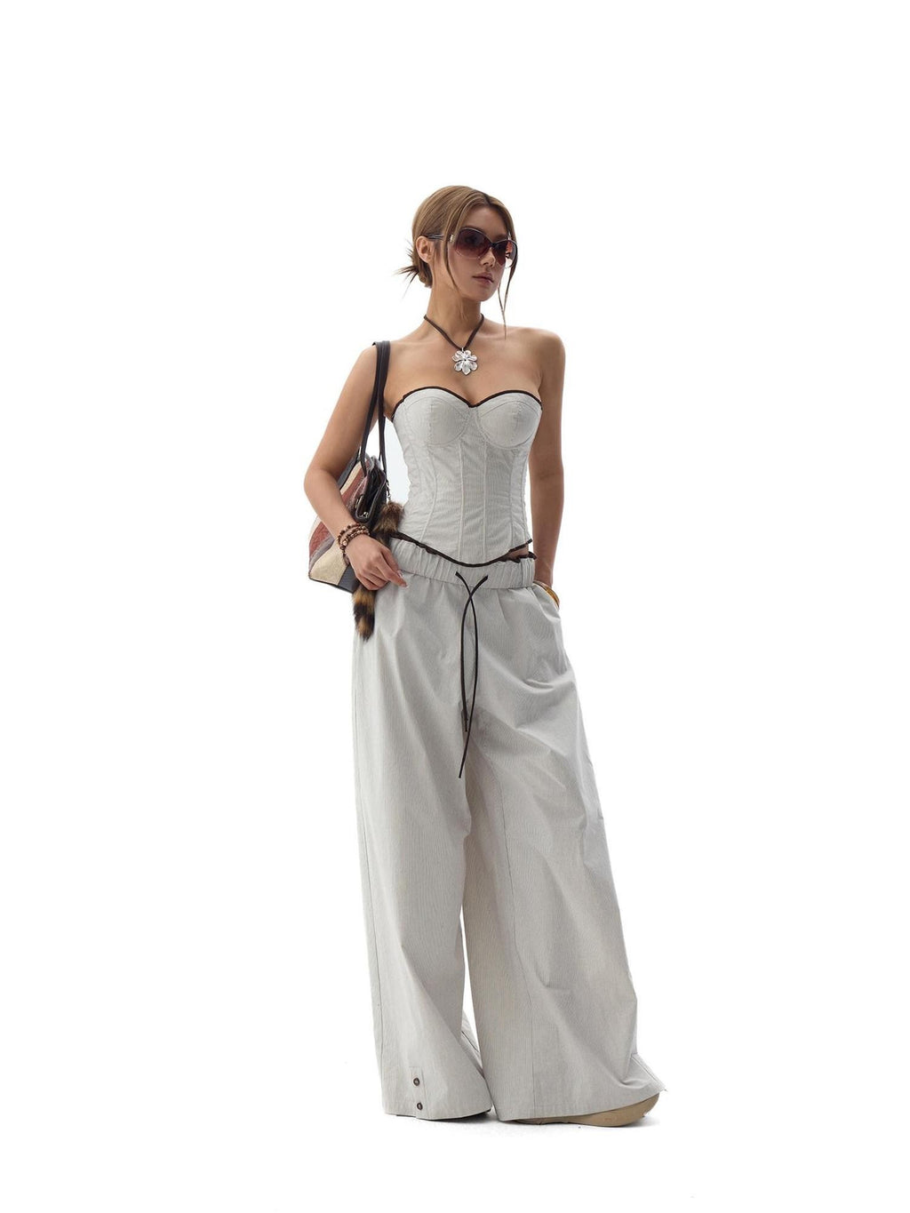 Fanptntox Gray Beige Striped Wood Button Ruffle Waist Women's Cotton Wide-leg Pants