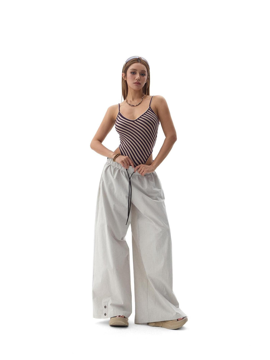 Fanptntox Gray Beige Striped Wood Button Ruffle Waist Women's Cotton Wide-leg Pants