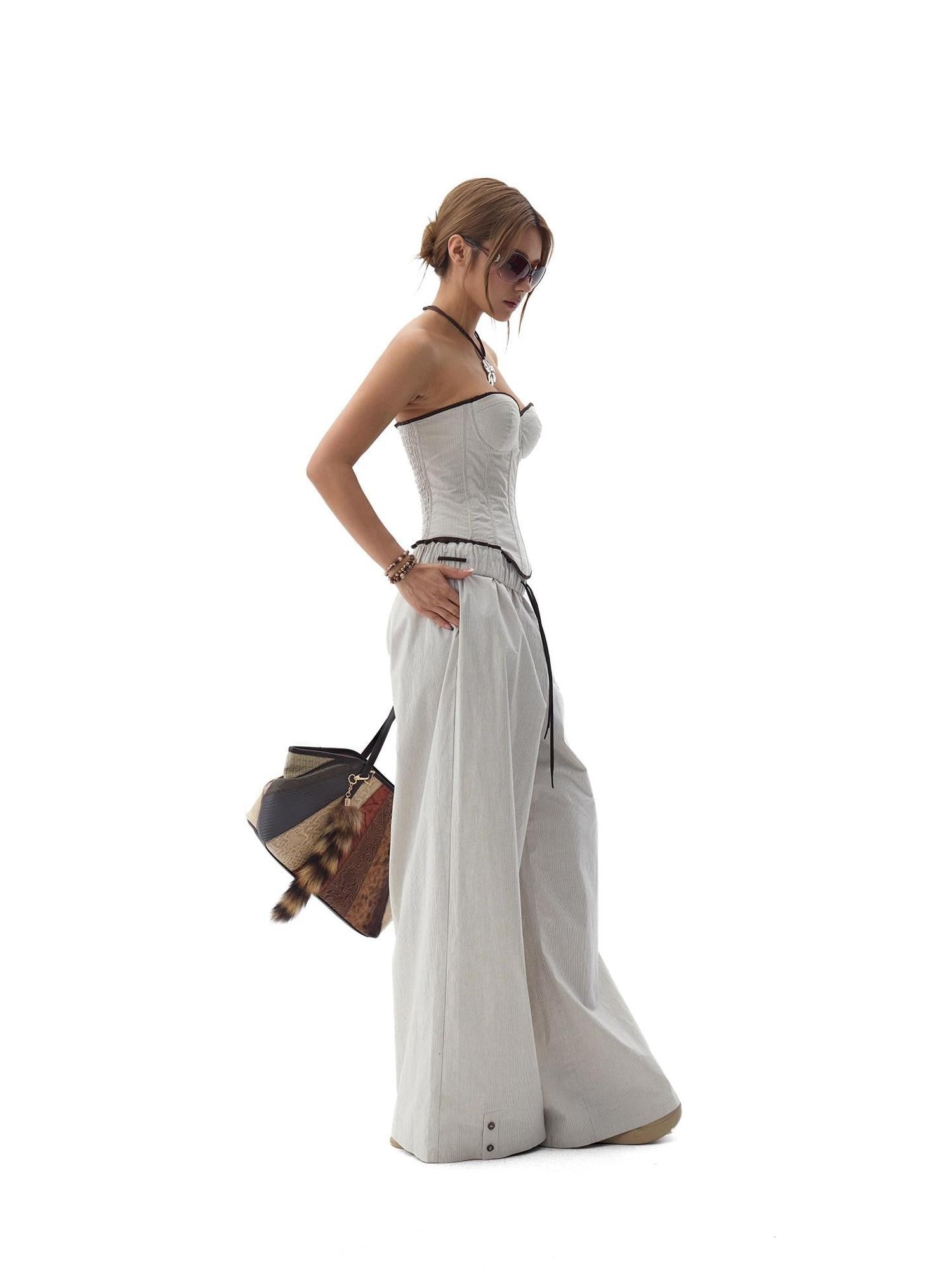 Fanptntox Gray Beige Striped Wood Button Ruffle Waist Women's Cotton Wide-leg Pants