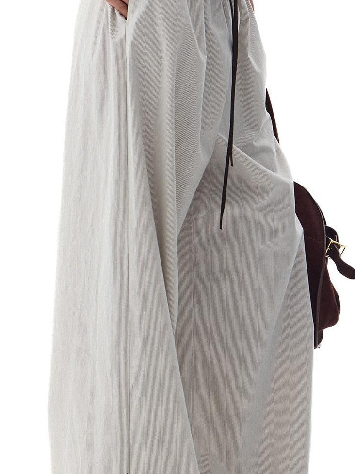 Fanptntox Gray Beige Striped Wood Button Ruffle Waist Women's Cotton Wide-leg Pants