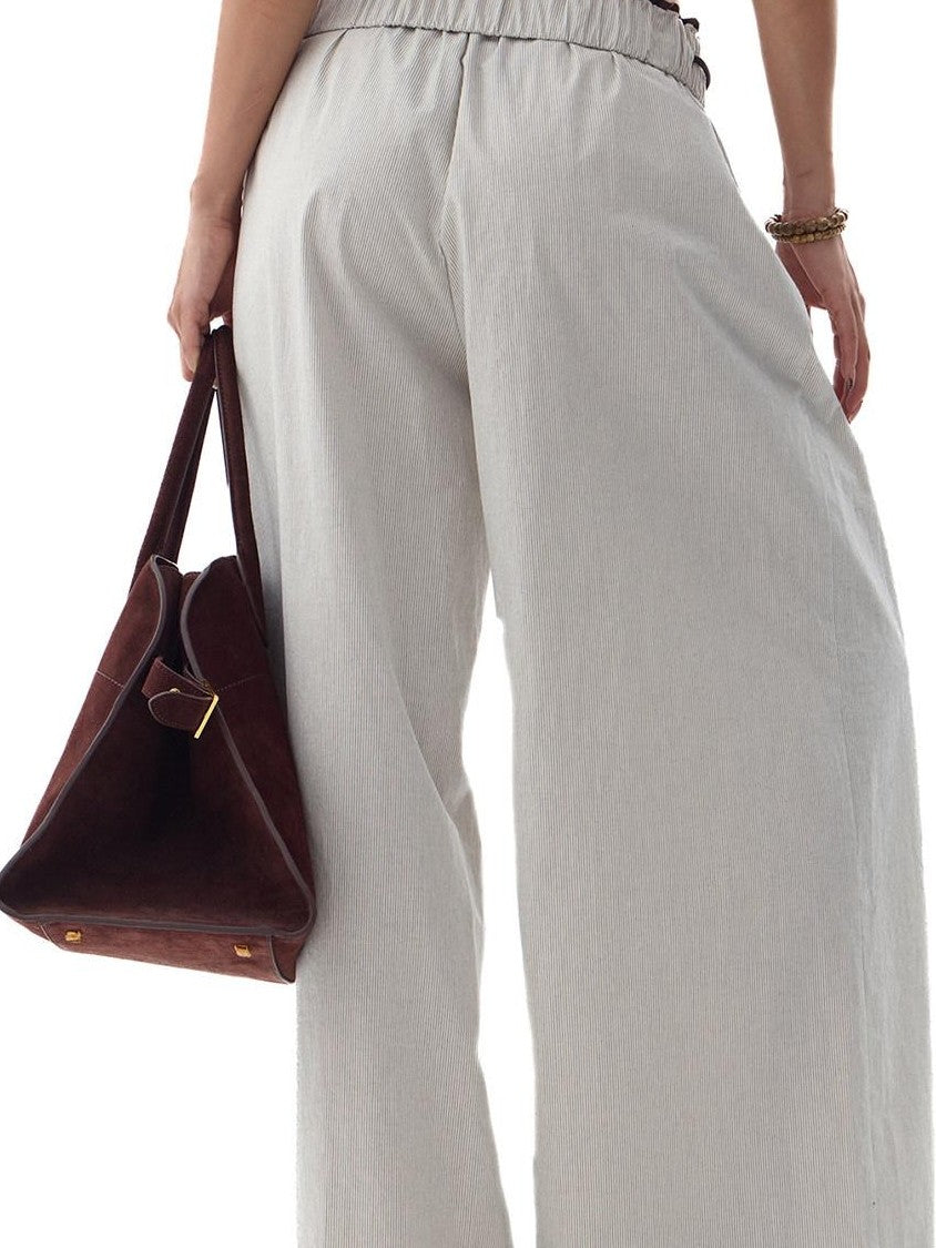 Fanptntox Gray Beige Striped Wood Button Ruffle Waist Women's Cotton Wide-leg Pants
